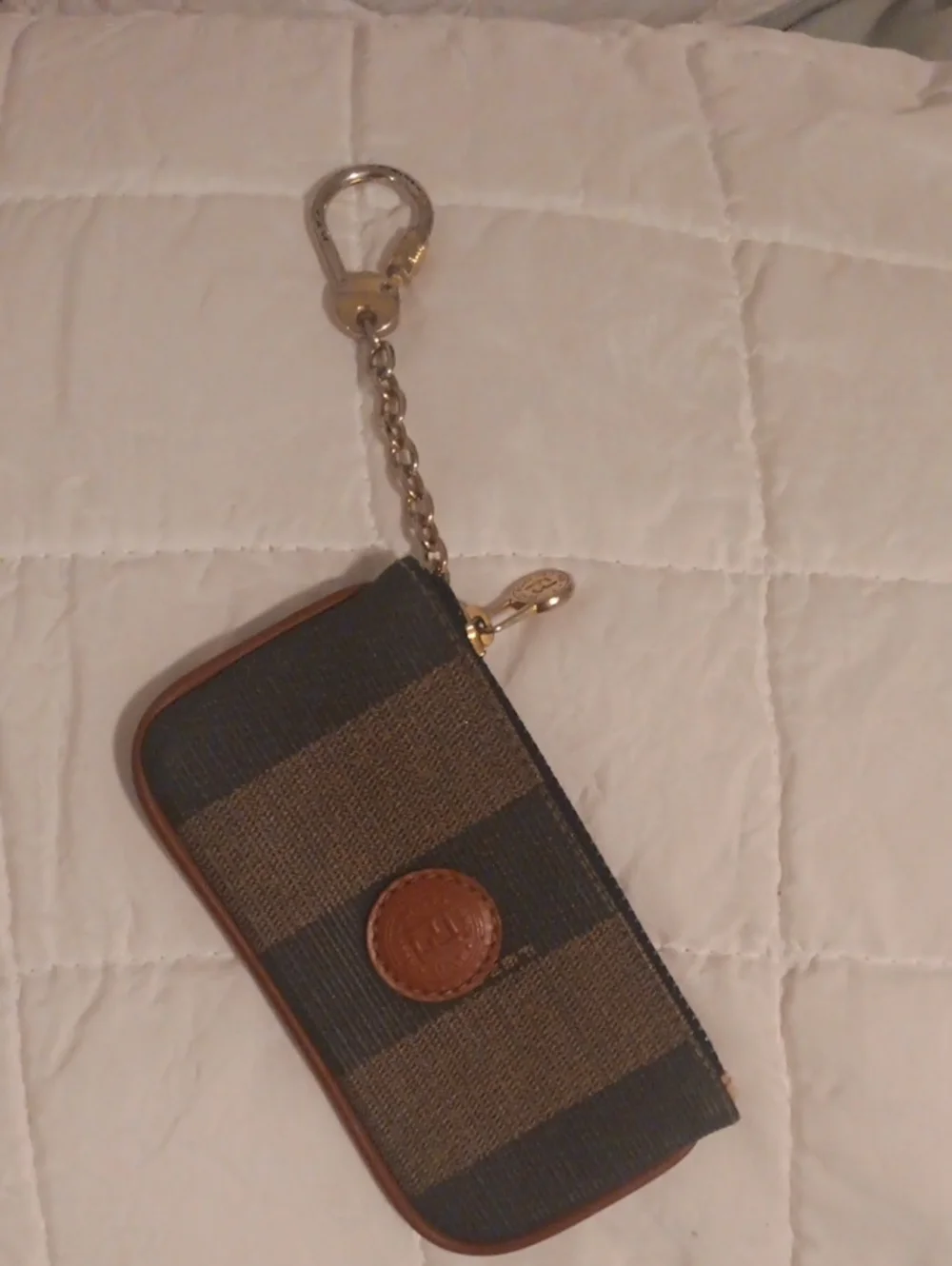 Fendi Brown and Black Striped Key & Card Holder with Gold Chain